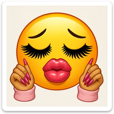 Make this image more like the meme emoji: yellow face with closed eyes and heavy false eyelashes, full glossy lips, and two hands with long pink-painted nails, matching the meme style closely. sticker