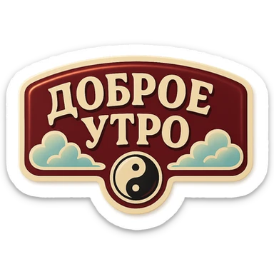 elongated horizontal banner with text 'Доброе утро', retro sticker style, burgundy background, beige letters, minimalist ornament with yin-yang symbol and clouds, soft shadows, transparent background sticker