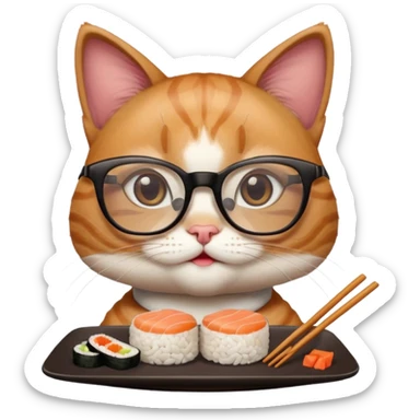 cute girl cat with really big square glasses with super thin frames eating sushi sticker