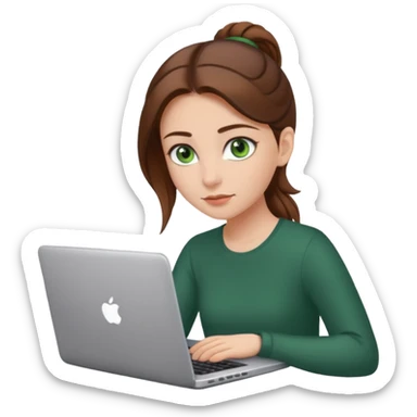fată cu ochi verzi și păr șaten strâns în partea din spate a capului, lucrând pe un laptop sticker