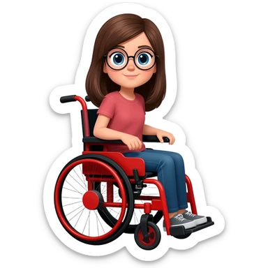 Brown hair girl with circle glasses in a rayo McQueen wheelchair sticker