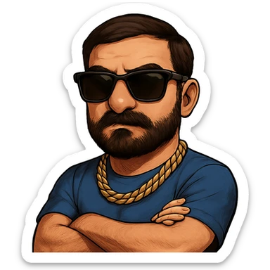 Remix the image as a gangster Mario: Mario as a person with glasses, short dark hair, mustache and beard, gangster style including a gold chain and sunglasses, confident pose, no background. Maintain the essence of the original image but transform it into this gangster Mario style. sticker