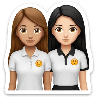Dos mujeres juntas que una sea de color trigueña cabello largo castaño con una raya en medio polo blanco y de color blanca cabello largo negro polo negro, sticker