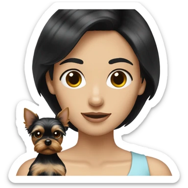White lady with short black hair holding a Yorkie  sticker