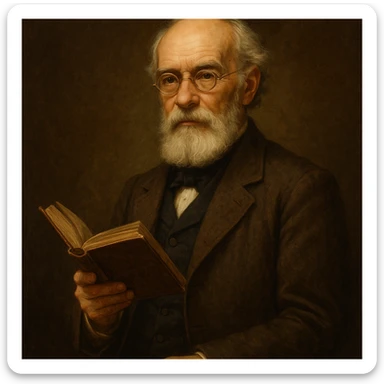 a classic poet, round gold glasses, white beard, holding a book, exuding intelligence and wisdom sticker