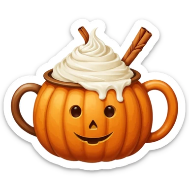Round pumpkin-shaped mug with whipped cream swirl and one cinnamon stick, warm orange and cream tones. sticker
