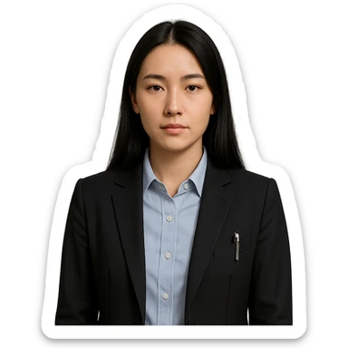 a girl with long black hair, neutral expression, wearing business style clothes including shirt and jacket, with a pen clipped to her jacket, professional and clean style sticker