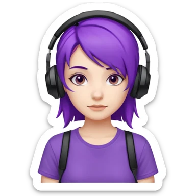 Gamer Girl with black Headset + Purple Hair, white T-shirt sticker