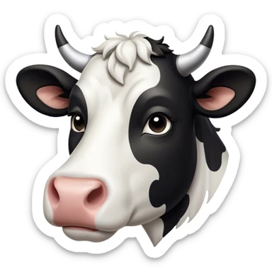 Cinematic Noble Black and White Cow Portrait Emoji, Poised and regal, with a large, sturdy build and a striking, well-groomed coat of pure black accented by crisp white patches, deep-set soulful brown eyes, Simplified yet sharp and sophisticated features, highly detailed, glowing with a soft, dignified glow, high shine, intelligent and calm, stylized with an air of modern elegance, focused and attentive, soft glowing outline, capturing the essence of a watchful and confident bovine guardian, so majestic it feels as though it could stride out of the screen with effortless authority! sticker