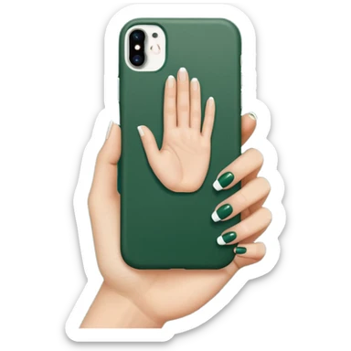 female hand with nude manicure (5 fingers) holding a white iPhone in a dark green case, minimalism, side view, emoji style sticker