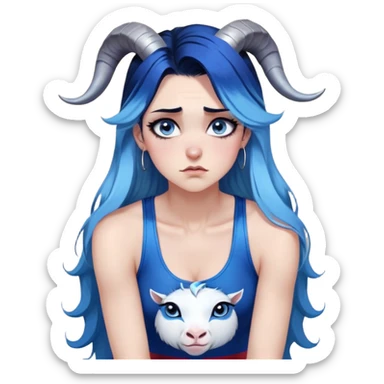 Disapponted-crying big tears-head back texting on phone-very very large upper body-sexy face-bending forward at waist-very long very straight dark blue to light blue ombre hair-and-blue eyes- black eyeliner-cute goat horns-iridescent blue lowcut tanktop with black leggings with glitter superman logo sticker