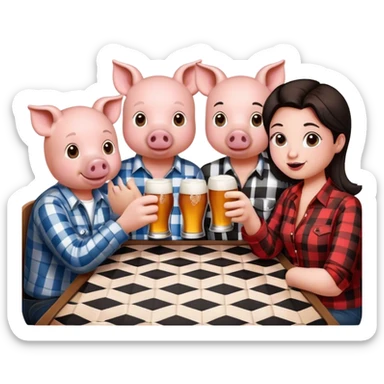 a group of friends sitting at a black and white checkered table holding beers and wearing pig noses  sticker