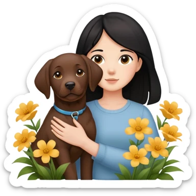 A black-haired girl holding a brown Labrador in the flowers sticker