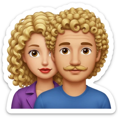 sarı saçlı kıvırcık kahverengi gözlü güzel dudaklı kızla kıvıcık saçlı çenesinde sakal ve bıyık olan kısık gözlü erkek aşk emojisiyap sticker