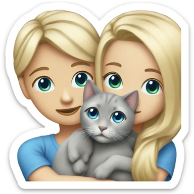 Blonde girl blue eyes hugs grey cat sticker