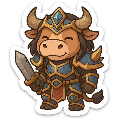 cow character inspired by World of Warcraft, in fantasy armor, stylized as a chibi sticker sticker