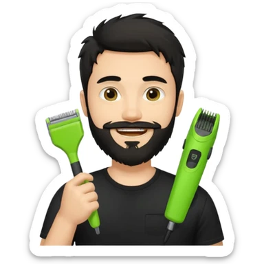 young fair-skinned man with messy black hair and beard, smiling, black t-shirt, holding one small true-to-size lime green face beard trimmer in one hand, iOS emoji style sticker