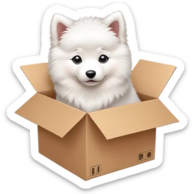  A very cute young Samoye  with one's head tilted to one side poked its paws out of the cardboard big box and placed them on top of it sticker