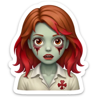menina zumbi com cabelo ondulado, castanho meio claro meio ruivo, uma mecha vermelha e olhos castanhos  sticker