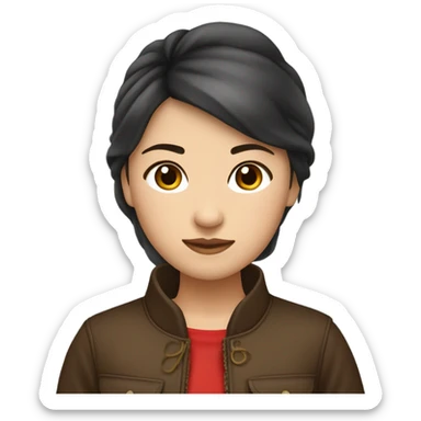 una chica china pelo marrón muy oscuro con una chaqueta roja, la china tiene una nariz pequeña y un labio con labio leporino  sticker