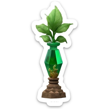 symbolic dirt humus in a bottle sculpture symbolizing Capricorn with a geometric, faceted design. The bottle is standing upright with angular and baroque features. The vibrant deep green plants colors highlights the sharp edges and planes.  sticker