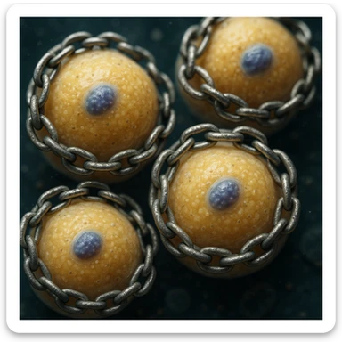 hyper realistic 4K adipocytes with visible nuclei wrapped in chains, microscopic details, scientific atmosphere sticker