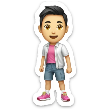 teen asian with short pants, white shirt print with sarcasm, colorful running shoe sticker