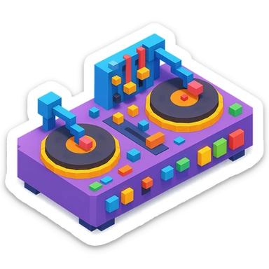 detailed DJ equipment close-up with turntables, mixer, and glowing buttons sticker