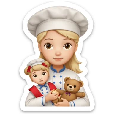 girl kid italian chef, uniform, holding plush bear sticker