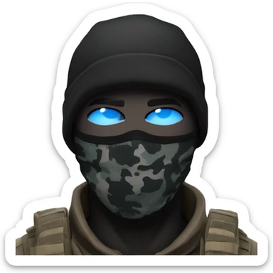 male, pale skin, call of duty black face mask, camo tactical gear, combat boots, black beanie, blue eyes sticker