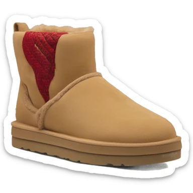 Camel colored thick platform slip-on UGG slippers. has a thin red woven zig-zag trim detail on the cuff sticker