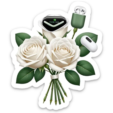 White rpse boquet and an airpods sticker