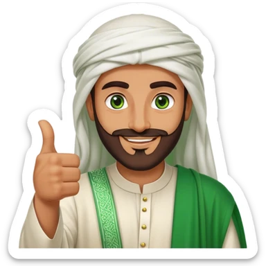 Tanned Arab Saudi man with green eyes and a beard, wearing traditional attire, smiling and giving a big thumbs-up sticker