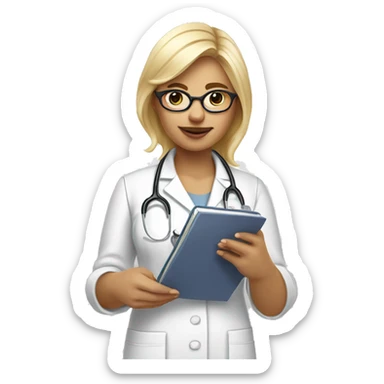 Administrator of the reproductive health office, a girl with blonde hair, wearing glasses with notebooks and a phone in her hands. In a white medical gown sticker