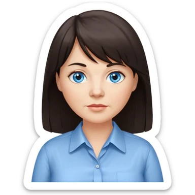 50 yr old woman, blue eyes, long straight dark brown hair, business shirt, chubby, bangs sticker