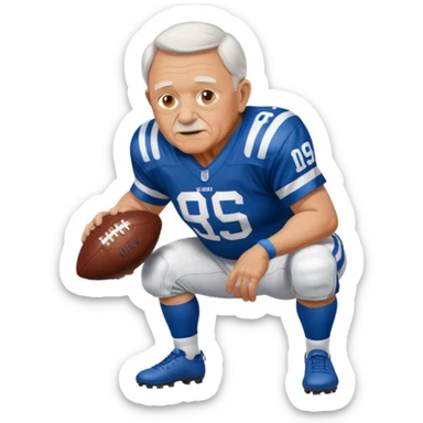 A grandpa playing football wearing an Indianapolis Colts jersey is. Show him kind of crouch down to the ground, holding the football and show the name rivers on the back of his jersey. sticker