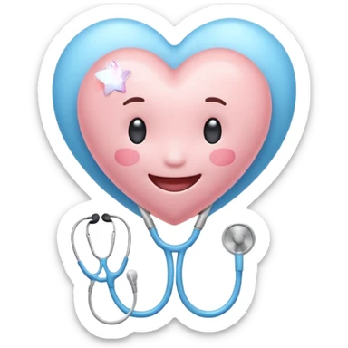 Cute pastel emoji of a smiling heart wearing a stethoscope like a hug, tiny brain inside, little sparkle star, soft glow, rounded edges, cozy and aesthetic. sticker