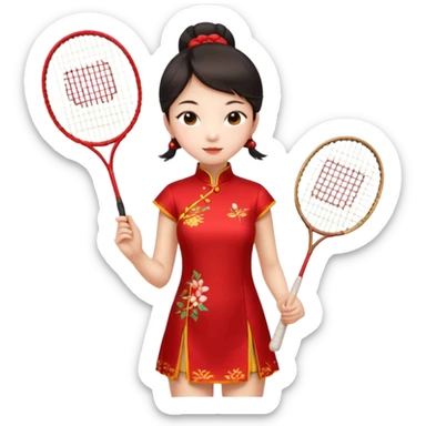 ancient cheongsam girl with 1 badminton racket, red sticker