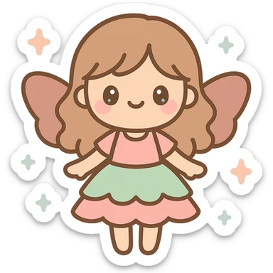 fairycore girl with layered green and pink skirt, brown and pink wings, light brown wavy hair, surrounded by sparkles sticker