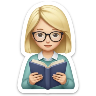 blonde girl with glasses looking down reading a book sticker