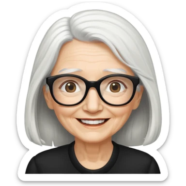 femme ridée avec de long cheveux blanc et des lunettes rectangles noir sourrir sticker