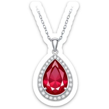 teardrop ruby pendant with silver chain and white stones, radiating luminous aura sticker