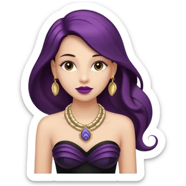 This person headshot view, wearing a strapless black dress, having long brown hair, dark pinkish purple lips, and wearing a small nautilis gold shell necklace around her neck sticker