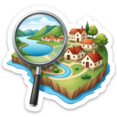 An icon featuring a magnifying glass over a local map, with a small village, traditional house, and natural landmarks like a river and hill, symbolizing local history and geography. Transparent background highlights the study of native land, culture, and heritage. sticker
