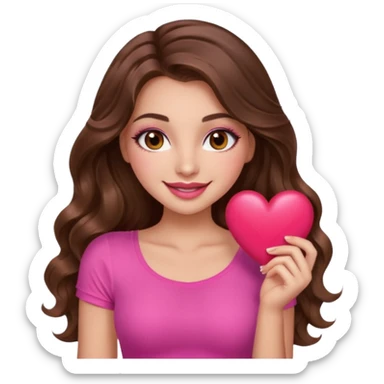 girl with long wavy brown hair, brown eyes, long lashes makeup, sexy pink lips, light to medium complexion, wearing a pink sexy top, smiling, holding a big heart sticker