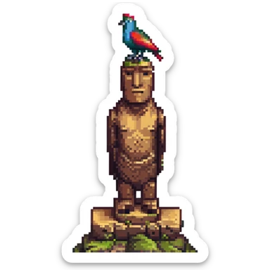 A bird perched on a moai statue. sticker