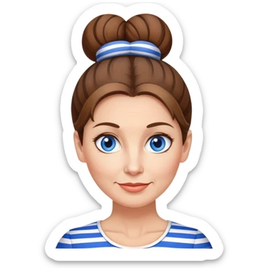 Pretty 50-year-old woman with blue and white striped miniskirt brown hair in bun blue eyes sticker