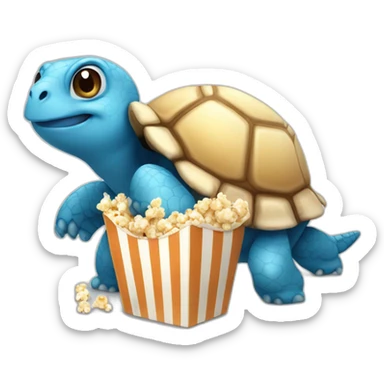 Blue turtle with brown shell eating popcorn sticker