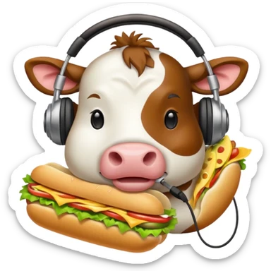 cow with headphones eating a sub sandwich, apple emoji style sticker