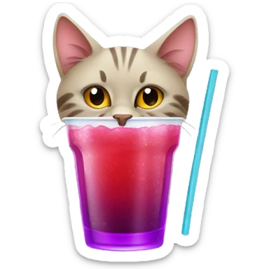 cat with red sclera drinking a purple drink with a straw sticker